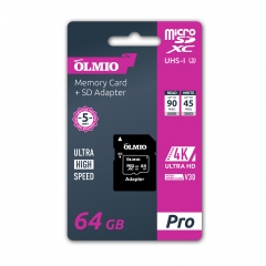 Карта Памяти, OLMIO microSDXC 64GB UHS-I U3 V30, С Адаптером